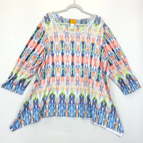 Ruby Rd Tunic Top Women 2X Geometric Beaded Multicolor Handkerchief Hem Pullover - Picture 1 of 9